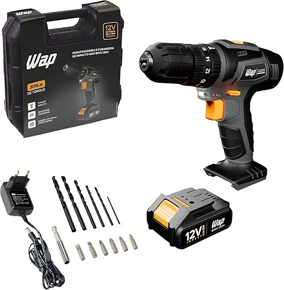WAP Parafusadeira e Furadeira com Impacto à Bateria 12V BPFI-12K4, Kit de 13 Acessórios e Maleta, Torque 18 Níveis, Bivolt WAP Parafusadeira e Furadeira com Impacto à Bateria 12V BPFI-12K4, Kit de 13 Acessórios e Maleta, Torque 18 Níveis, Bivolt - Imagem 1